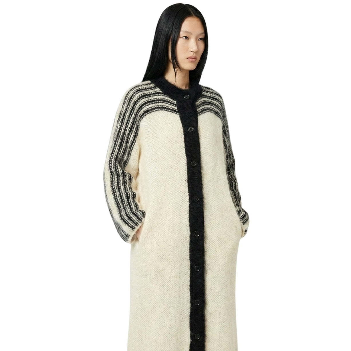 VTG 80s Nannell Mohair Sweater Coat Cream Black Striped Yoke Mod Articore M