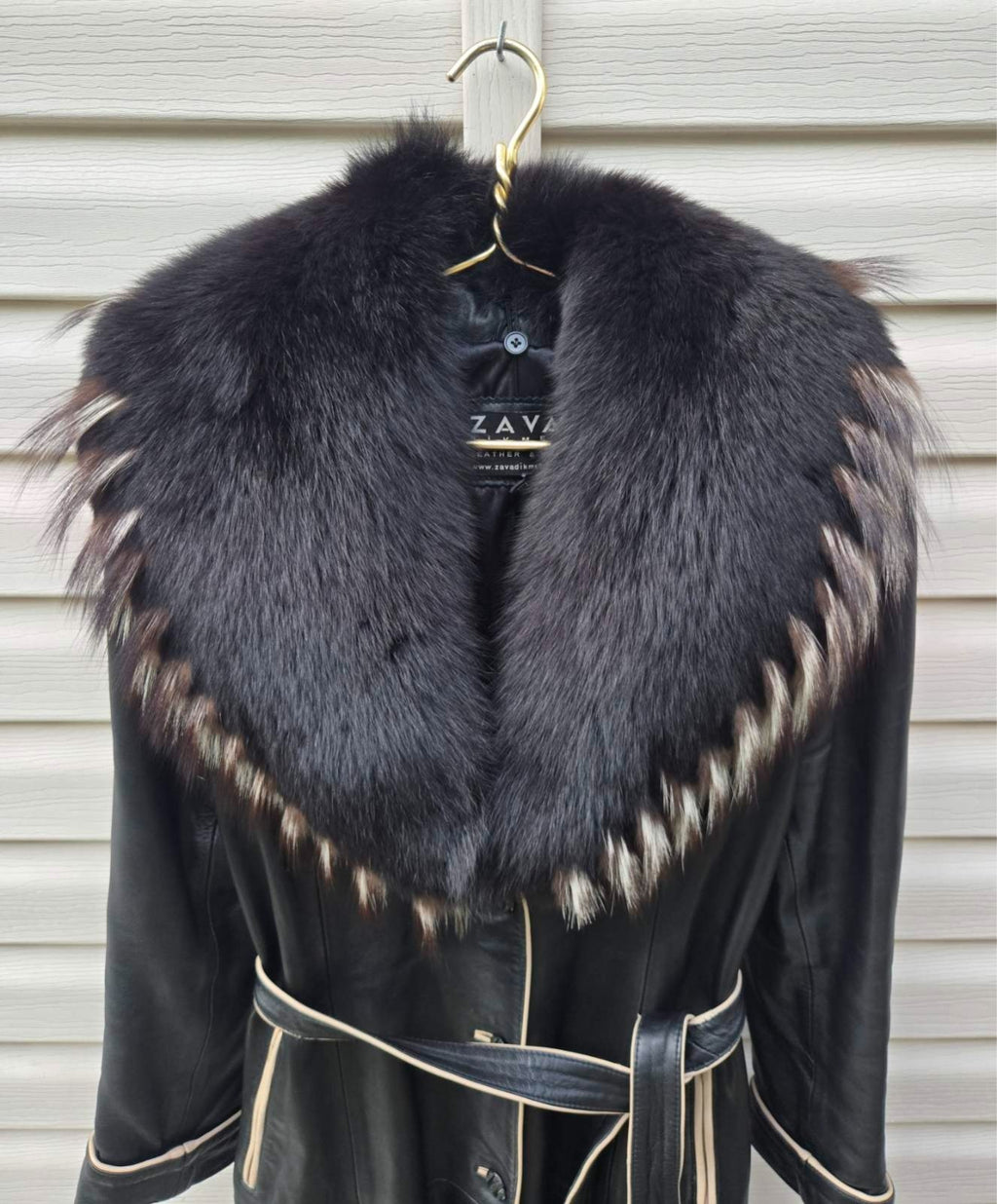 Vintage Y2K Black Leather Coat with Fox Fur Collar and Cuffs