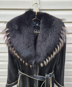 Vintage Y2K Black Leather Coat with Fox Fur Collar and Cuffs