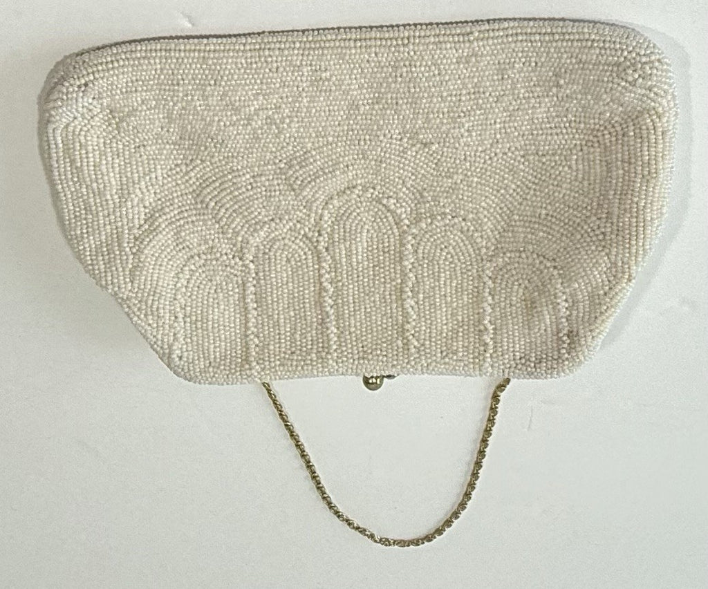 Vintage White Beaded Purse Clutch Bag Handbag Thin Gold Chain Handle