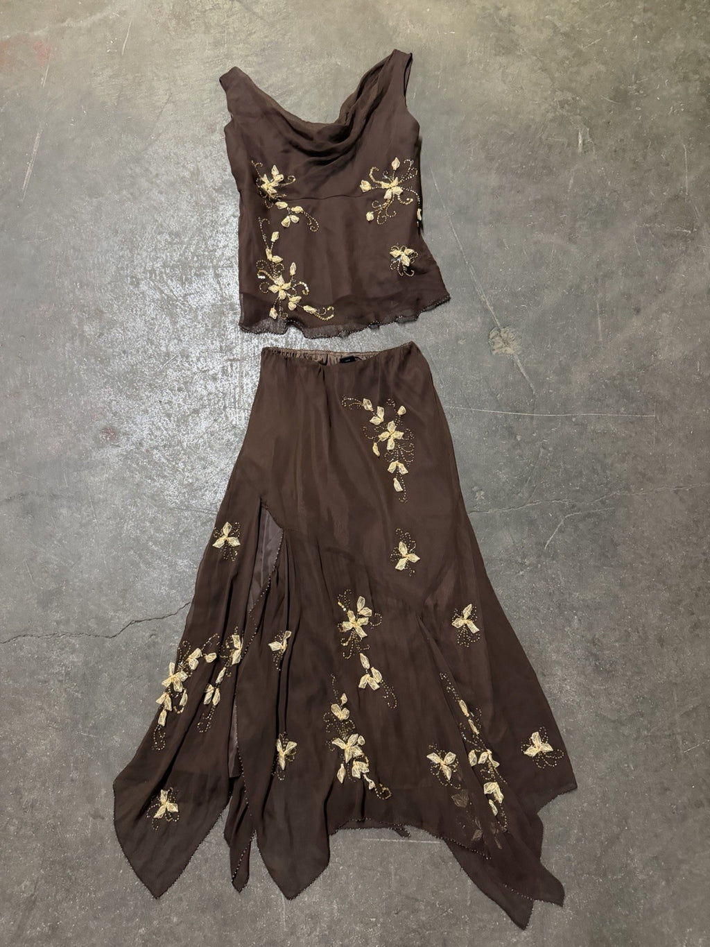 Vintage Y2K Woodland Fairy Brown Floral Silk Beaded Two Piece Skirt Set Asymmetric
