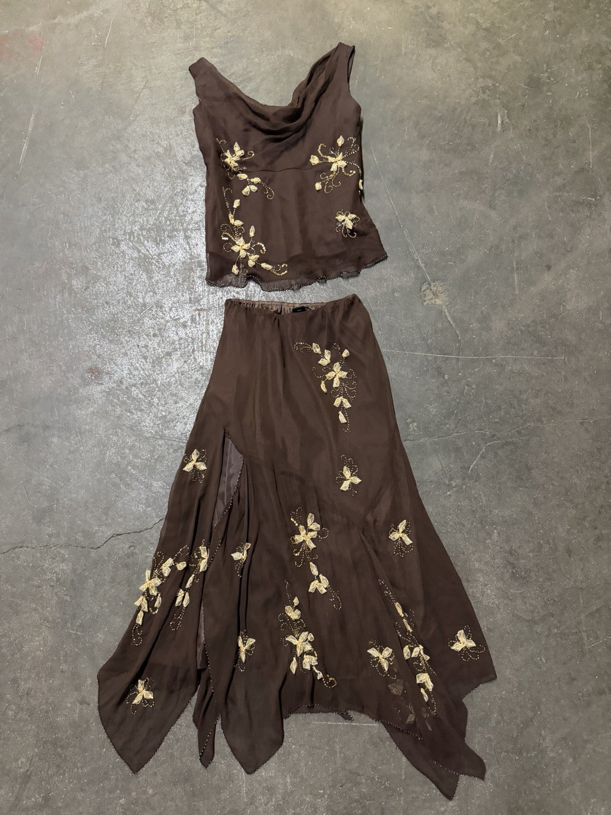 Vintage Y2K Woodland Fairy Brown Floral Silk Beaded Two Piece Skirt Set Asymmetric