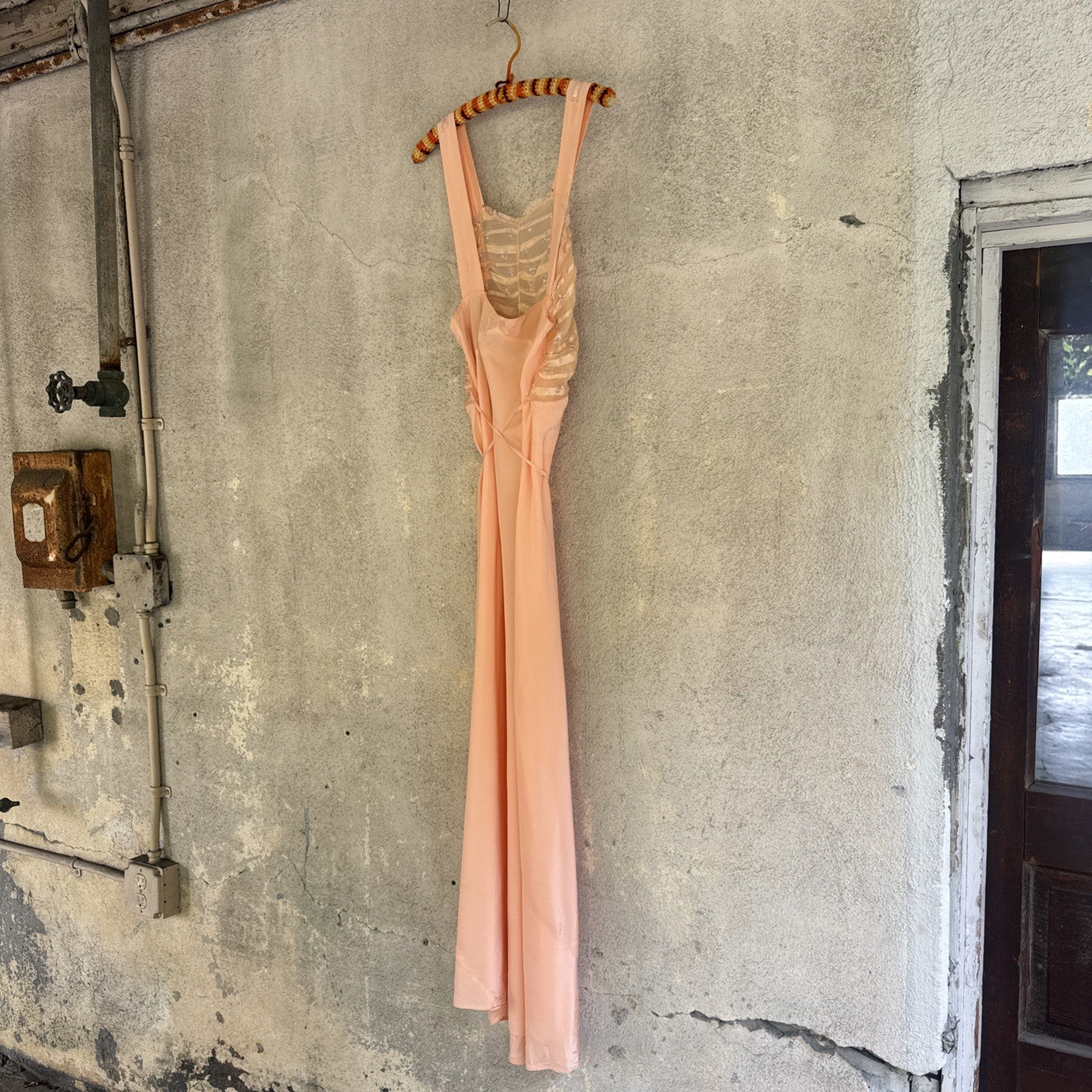 Vintage 1930s Pink Rayon Satin Slip Dress Bias Cut Embroidered Cherries Gown