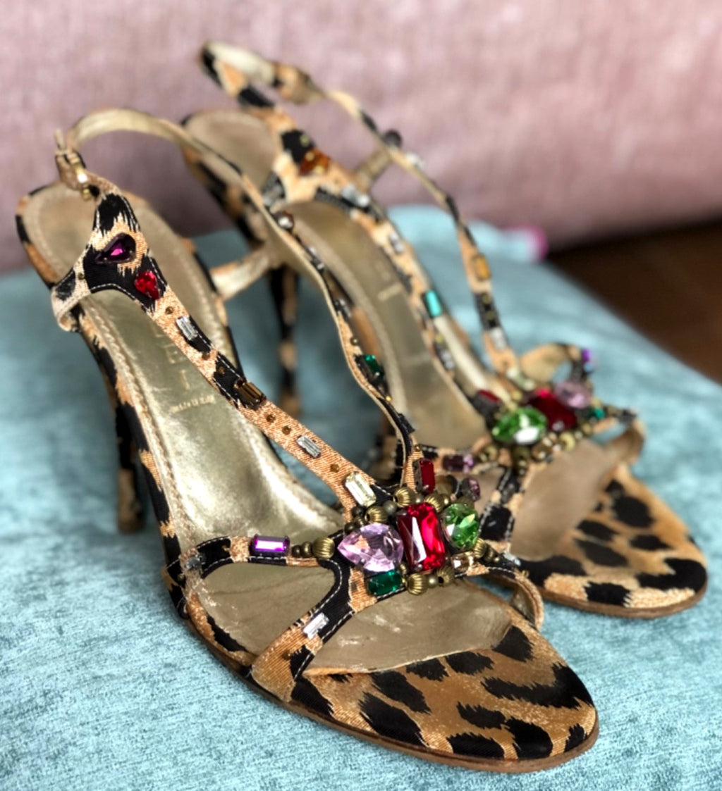 Vintage Casadei Leopard Rhinestone Sandals Y2K Crystal Slingback Heels 9.5 Flaw