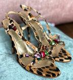 Vintage Casadei Leopard Rhinestone Sandals Y2K Crystal Slingback Heels 9.5 Flaw