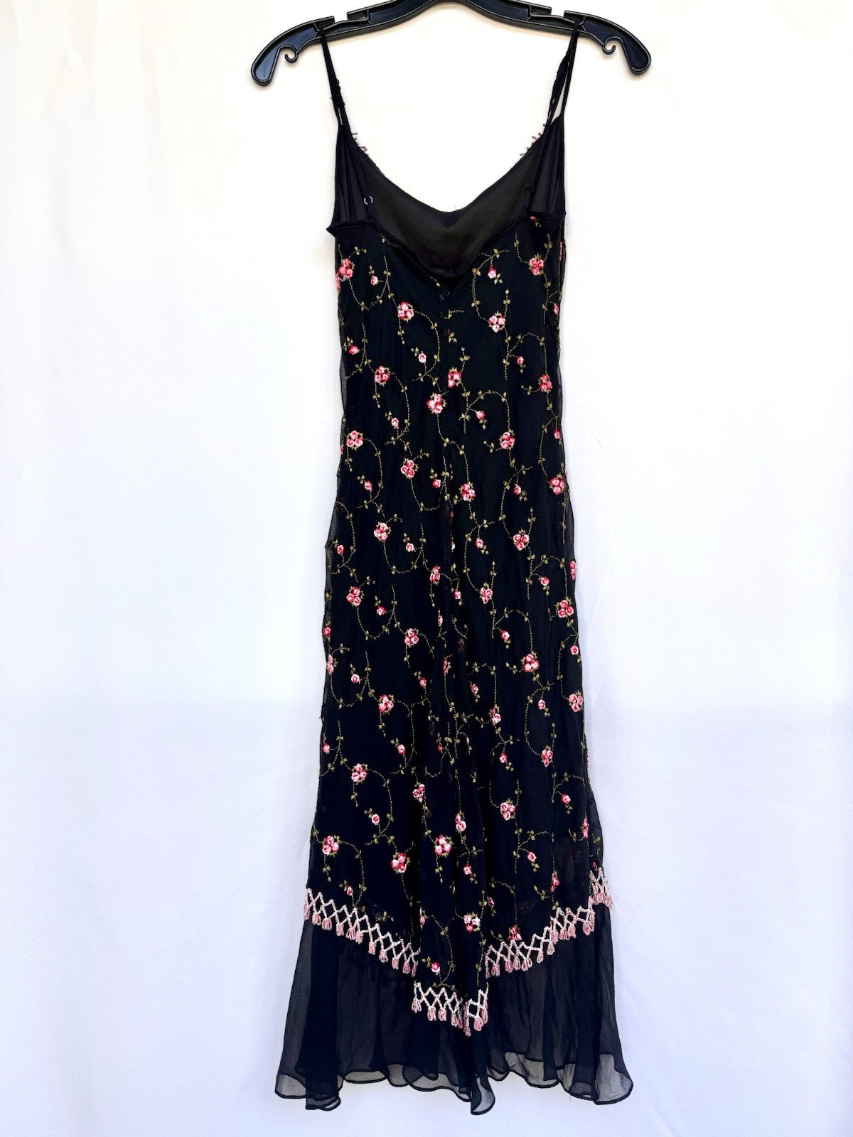 Betsey Johnson Silk Slip Dress Babydoll Black With Pink Roses Beaded Y2K Rare