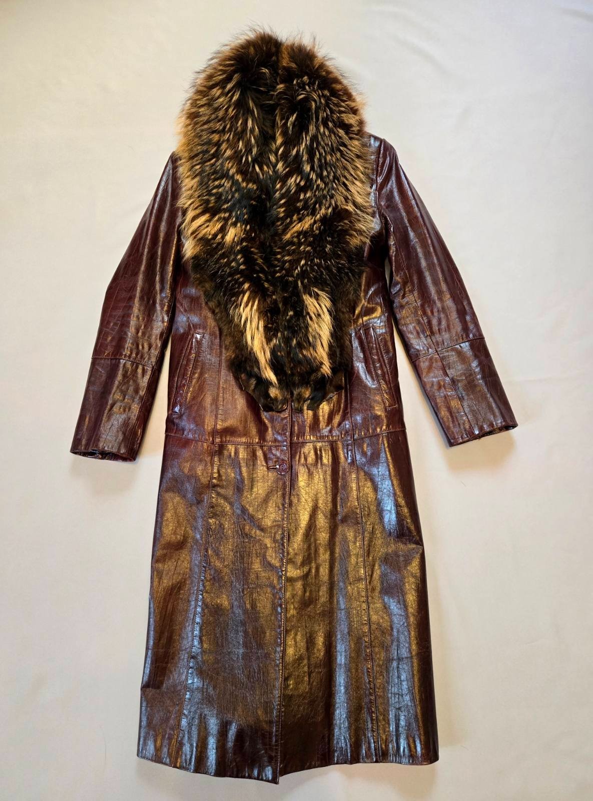 Vintage Long Leather Coat with Removable Fur Collar Brown Women's