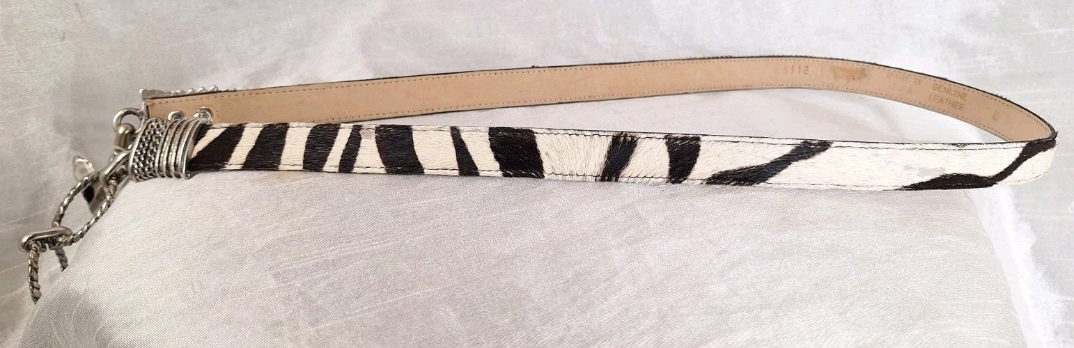 VTG Genuine Leather Calf Hair-On-Hide Metal Link & Toggle Hip Belt Zebra Pattern