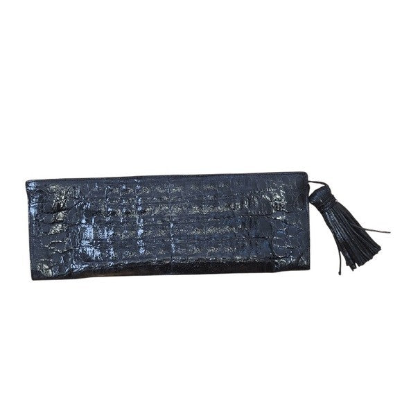 Nancy Gonzalez Black Slim Envelope Clutch Pouch Evening Bag Tassel Zip Crocodile
