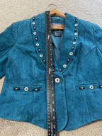 Cripple Creek Suede Leather Jacket Fringed Studded Beaded Teal Women's Large