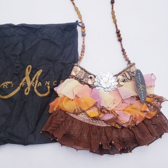Mary Frances Beaded Tulle Ruffle Wicker Shoulder Bag Mother of Pearl Earthtones