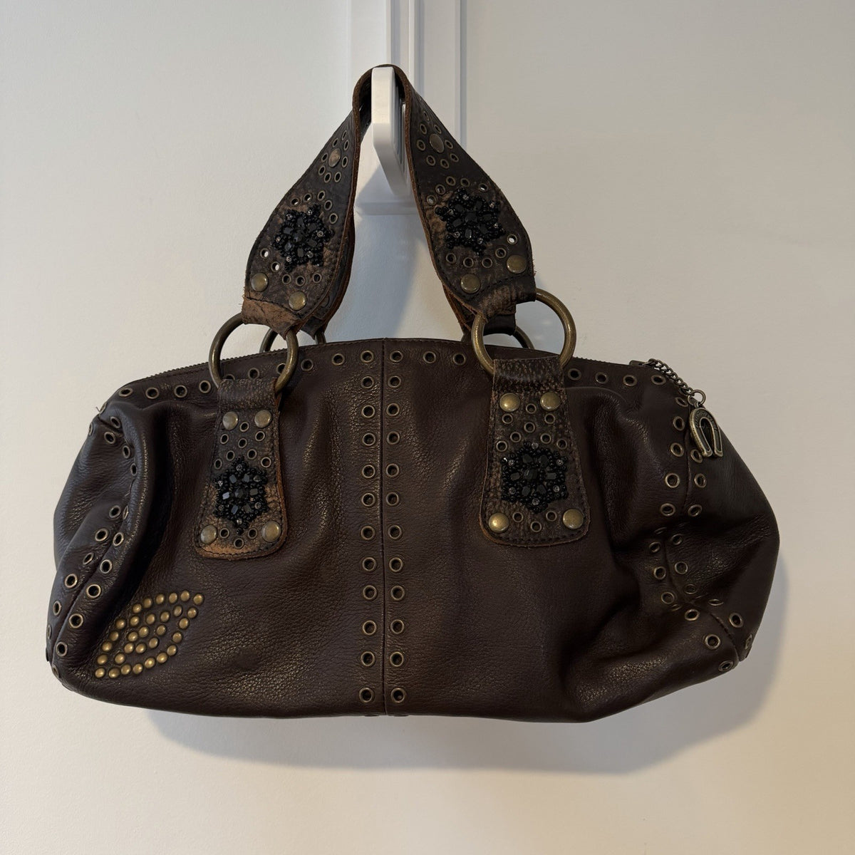 Betsey Johnson Brown Leather Studded Hobo Bag Medium