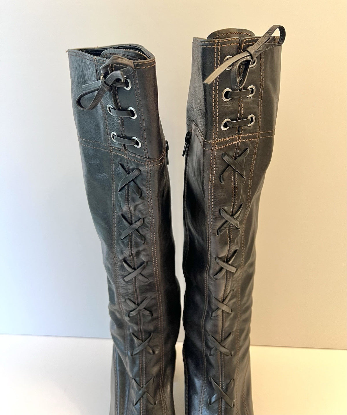 Vintage Brown Leather Lace Up Knee High Boots Women's 8.5