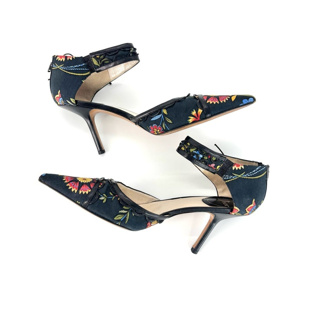 Vintage Dior SS 2002 Floral Print Bow Detail Pointed Toe High Heel Pumps 40.5