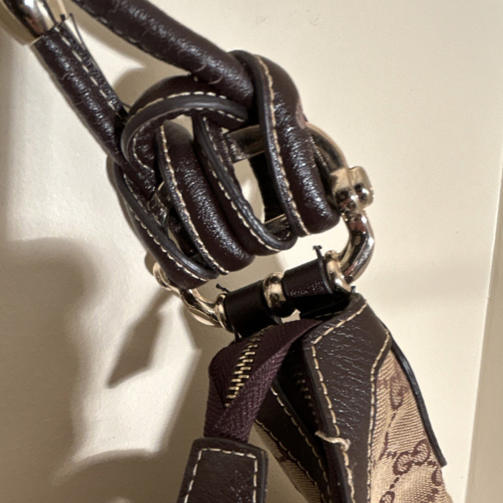 Gucci Brown Beige GG Logo Shoulder Bag Tassel Bamboo Silver Hardware Zip