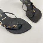 Prada | Auth Vintage Black Leather Gold Buckle Thong Kitten Heels (34.5)