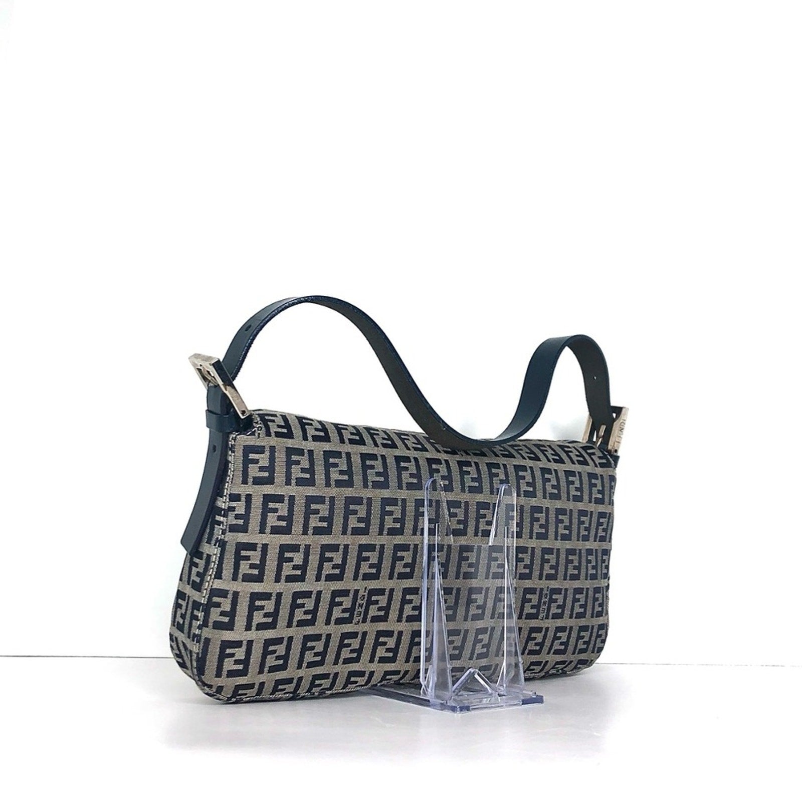 Vintage Fendi Zucchino Navy Blue FF Monogram Baguette Shoulder Bag