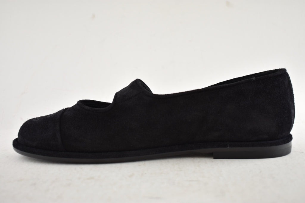 Chanel 25B Black Suede Shearling Fur Mary Jane Moccasin Ballet Loafer Flat 38