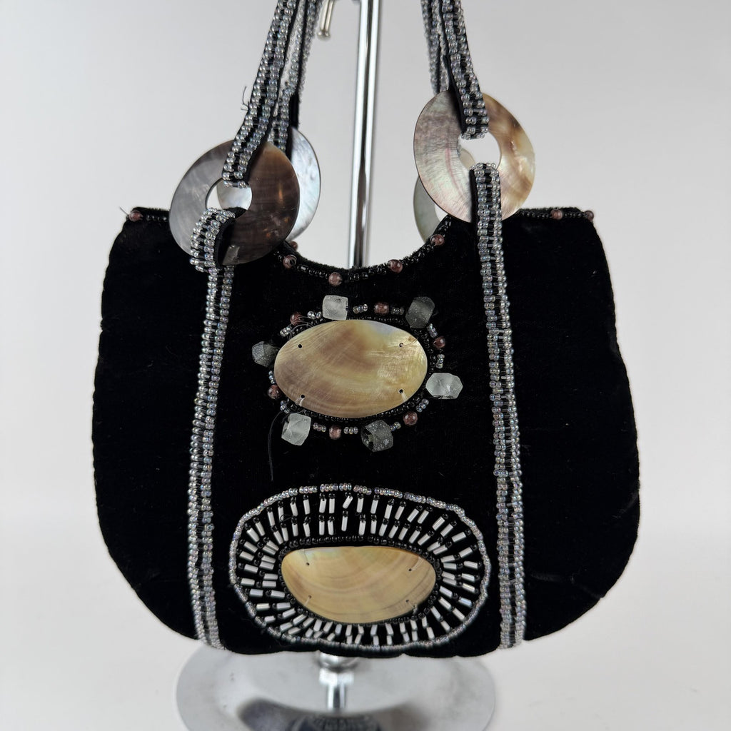 Imayin Shoulder Bag Womens Black Velvet Beaded Mother of Pearl Shell Purse Party
