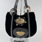 Imayin Shoulder Bag Womens Black Velvet Beaded Mother of Pearl Shell Purse Party