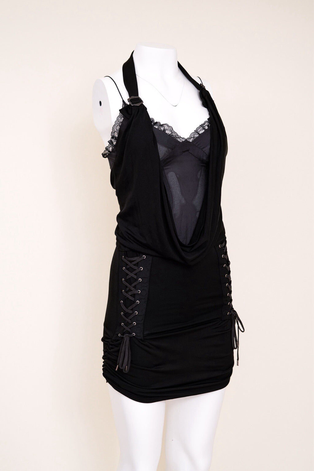 S/S 2004 Christian Dior by John Galliano Lace Up Cowl Halter Black Bodycon Dress