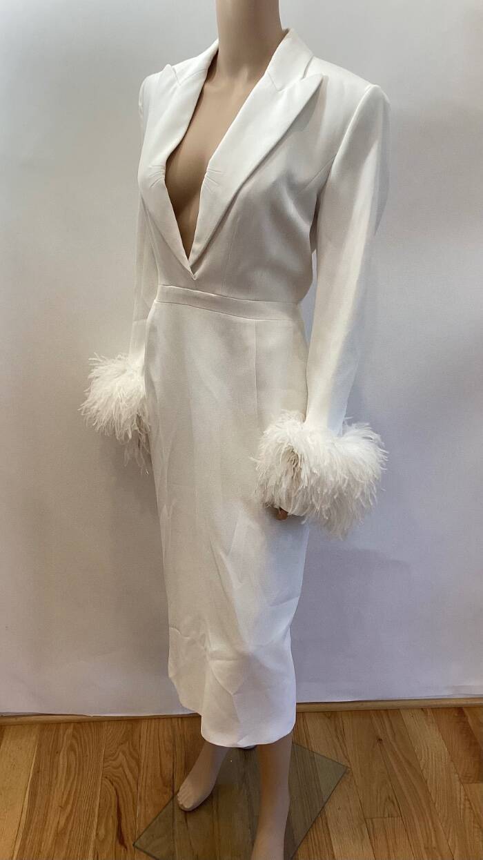 ANDREW GN FEATHER TRIM BLAZER MIDI DRESS SZ FR 40 US 8