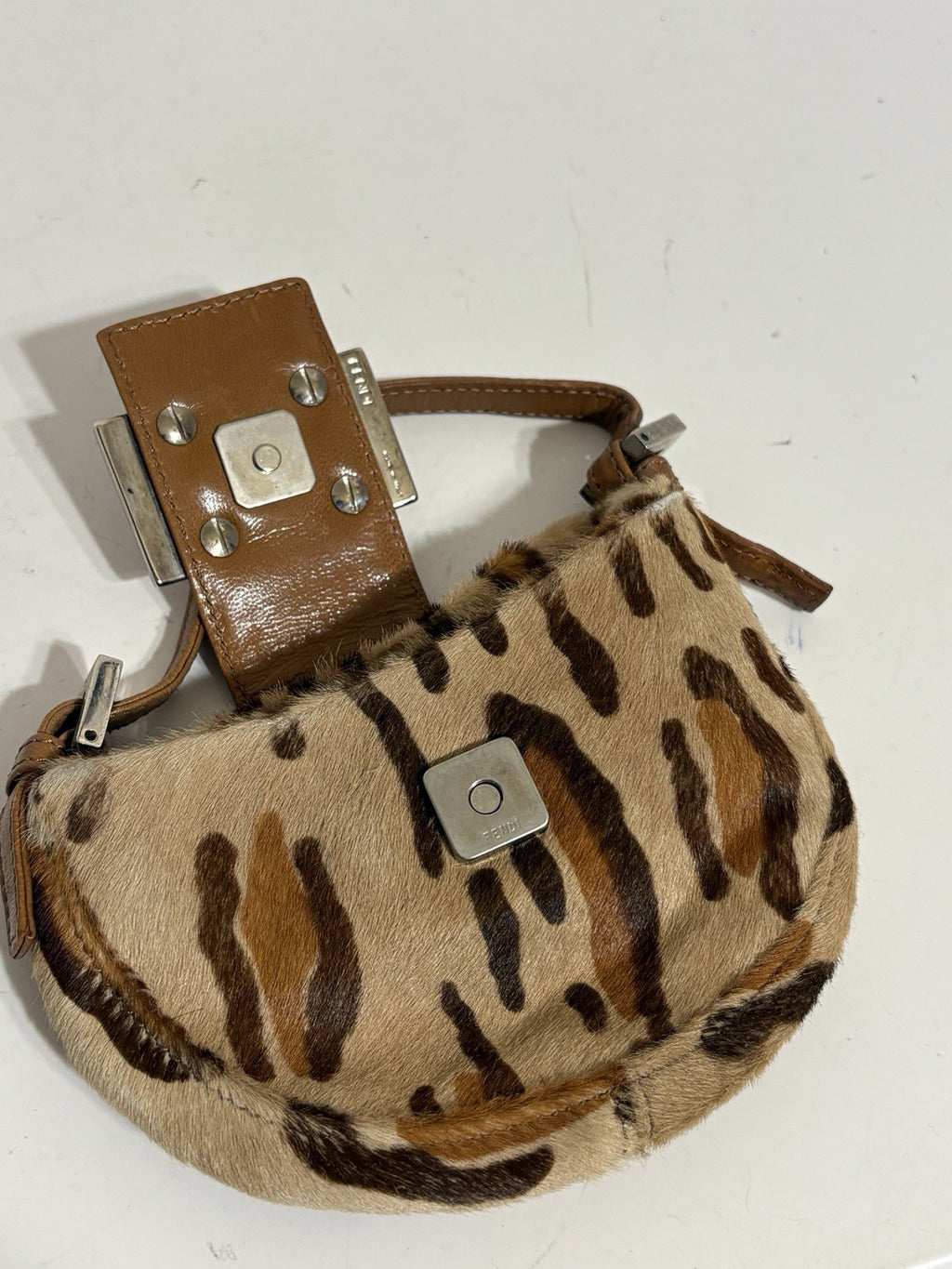 Vtg Fendi Leopard Print Pony Hair Croissant Bag