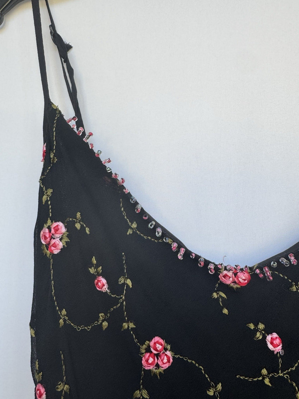 Betsey Johnson Silk Slip Dress Babydoll Black With Pink Roses Beaded Y2K Rare