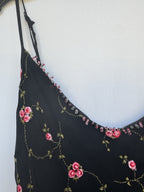 Betsey Johnson Silk Slip Dress Babydoll Black With Pink Roses Beaded Y2K Rare