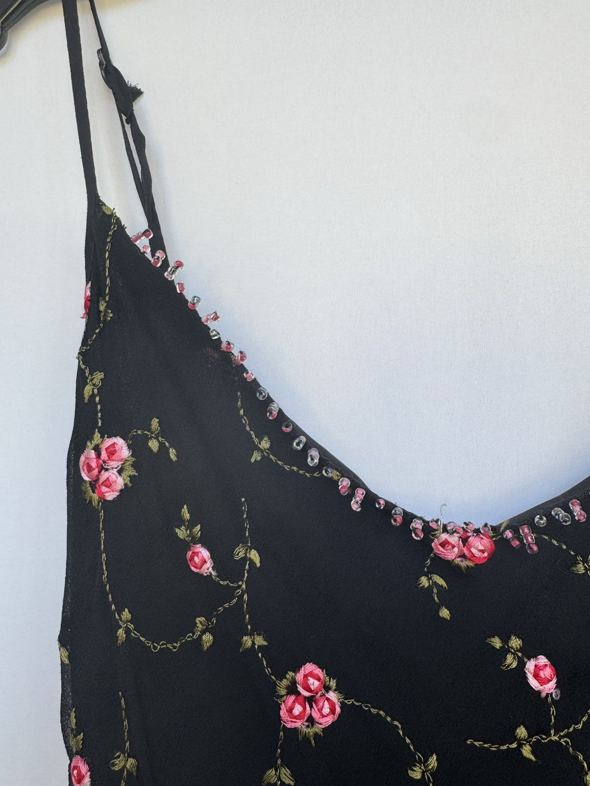 Betsey Johnson Silk Slip Dress Babydoll Black With Pink Roses Beaded Y2K Rare