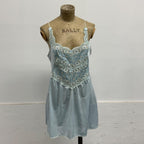 Vintage Japanese Baby Blue Satin Floral Lace Mini Slip Dress