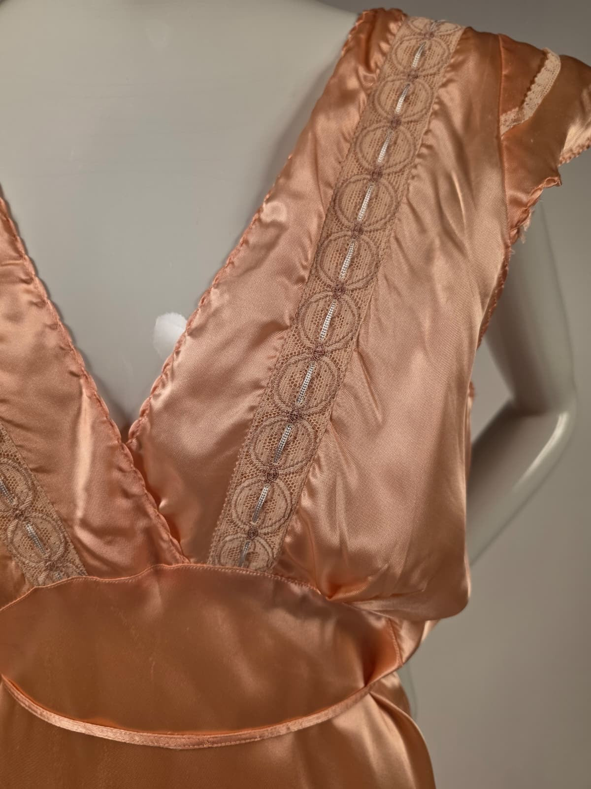 1930s Peach Acetate Slip Dress with Embroidered Ring Detail