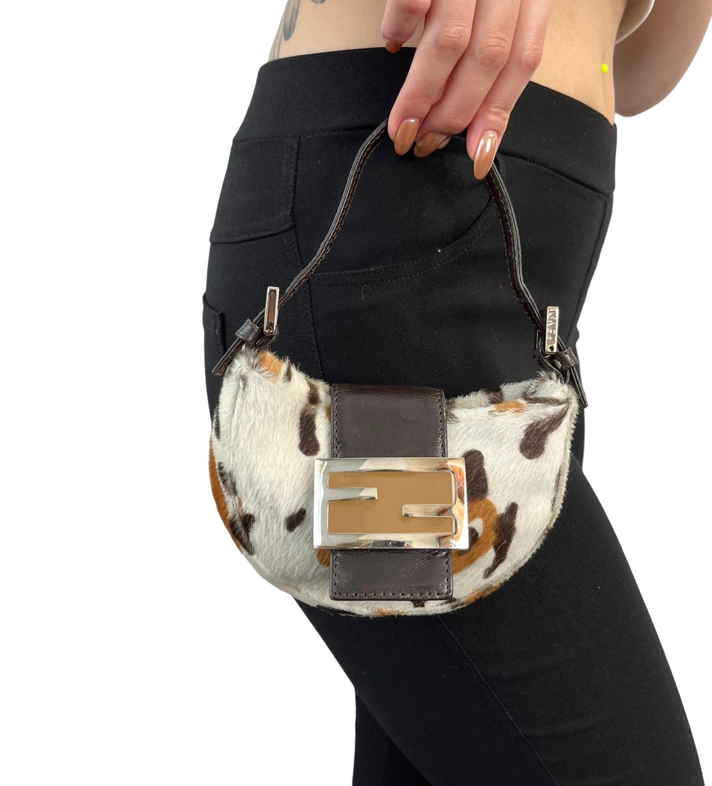 FENDI Vintage Logo Leopard Pony Calf Hair Micro Croissant Handbag Bag White