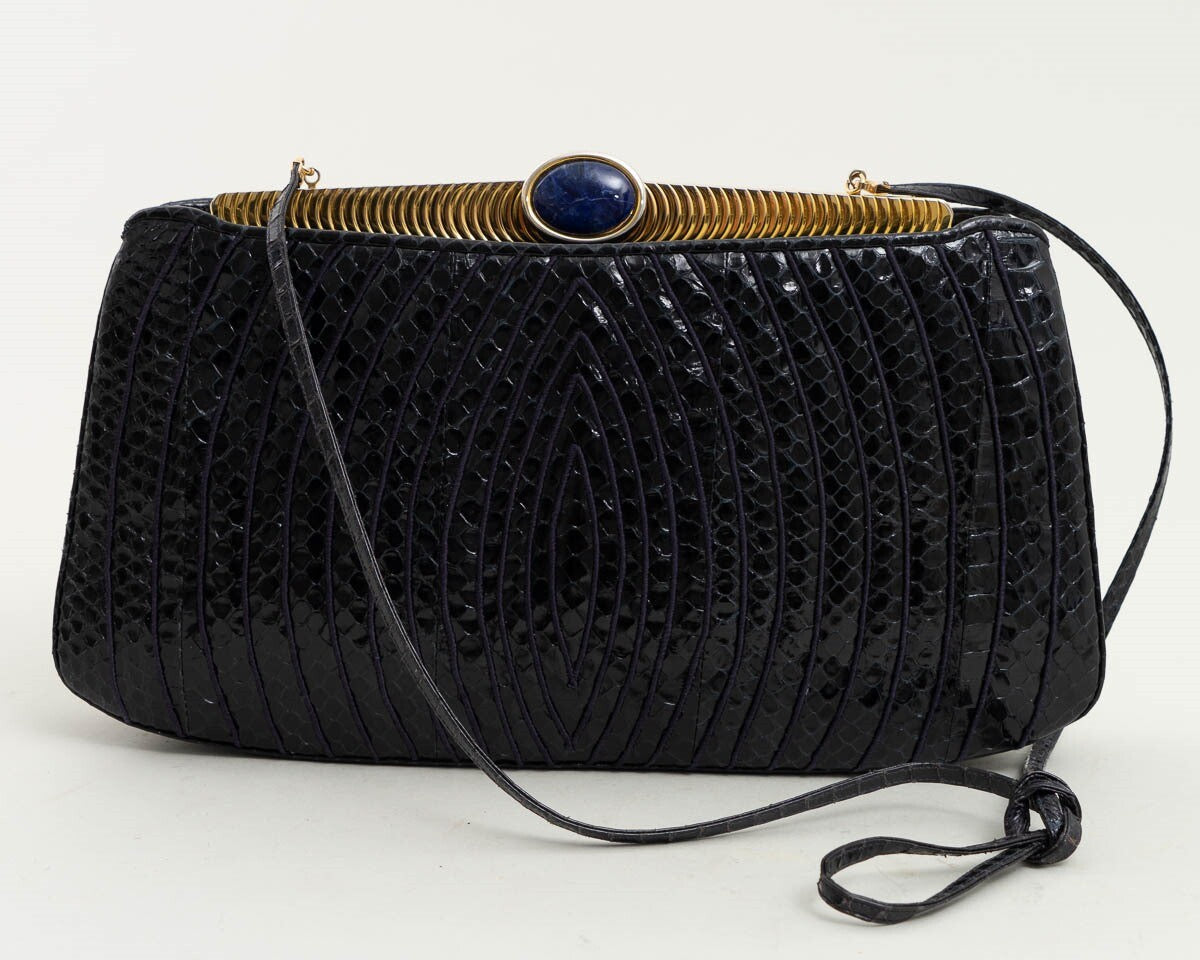 Vintage Judith Leiber Black Snakeskin Clutch Handbag Purse w. Lapis Lazuli Clasp