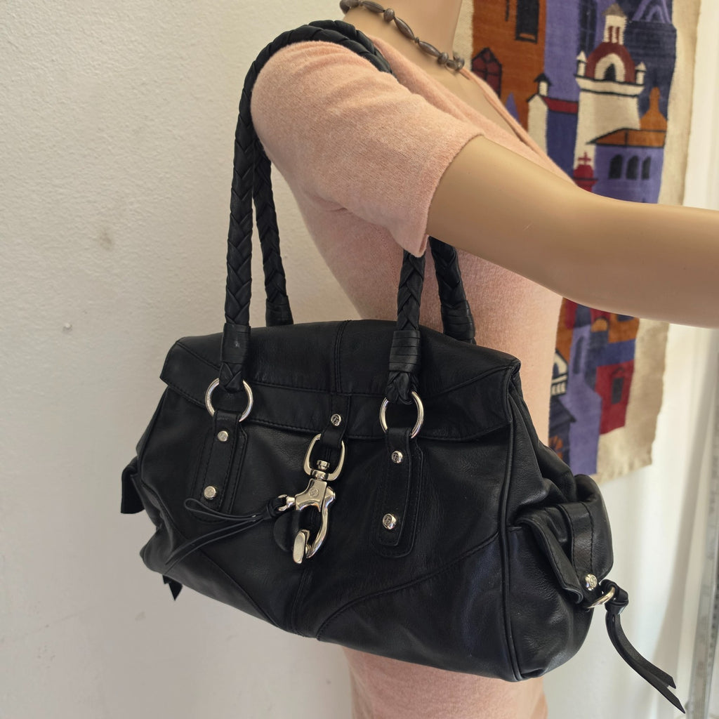 Francesco Biasia Large Black Leather Braided Shoulder Bag