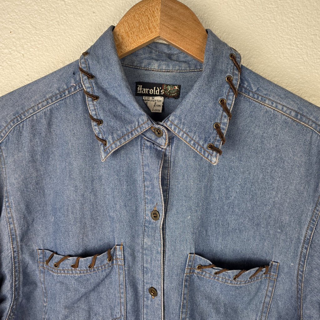 VTG Womens Denim Shirt Western Leather Lace Up Collar Pockets Long Sleeve M