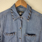 VTG Womens Denim Shirt Western Leather Lace Up Collar Pockets Long Sleeve M