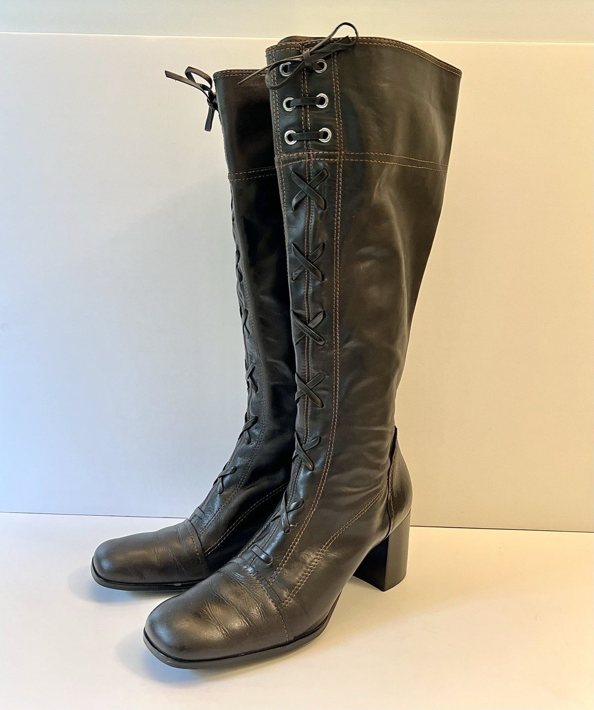 Vintage Brown Leather Lace Up Knee High Boots Women's 8.5