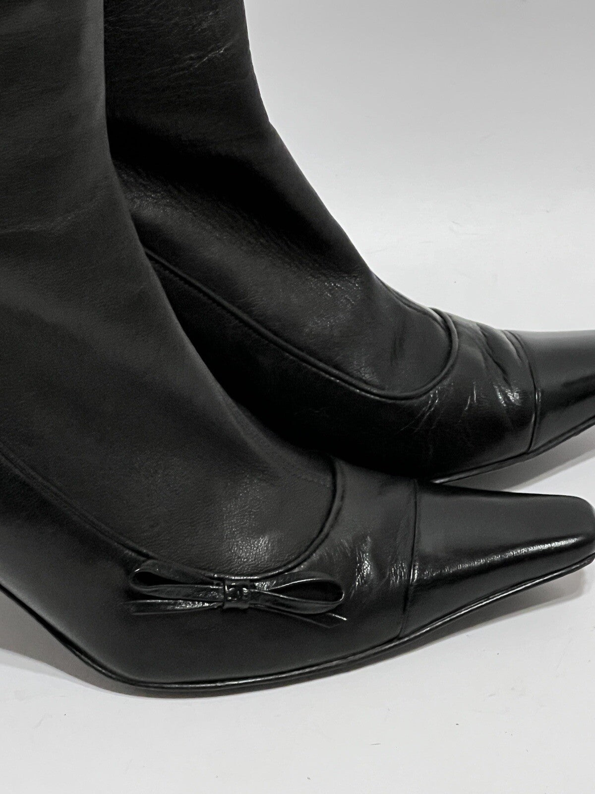 Vtg CHANEL BLACK LEATHER CC LOGO SOCK BOOTS 39