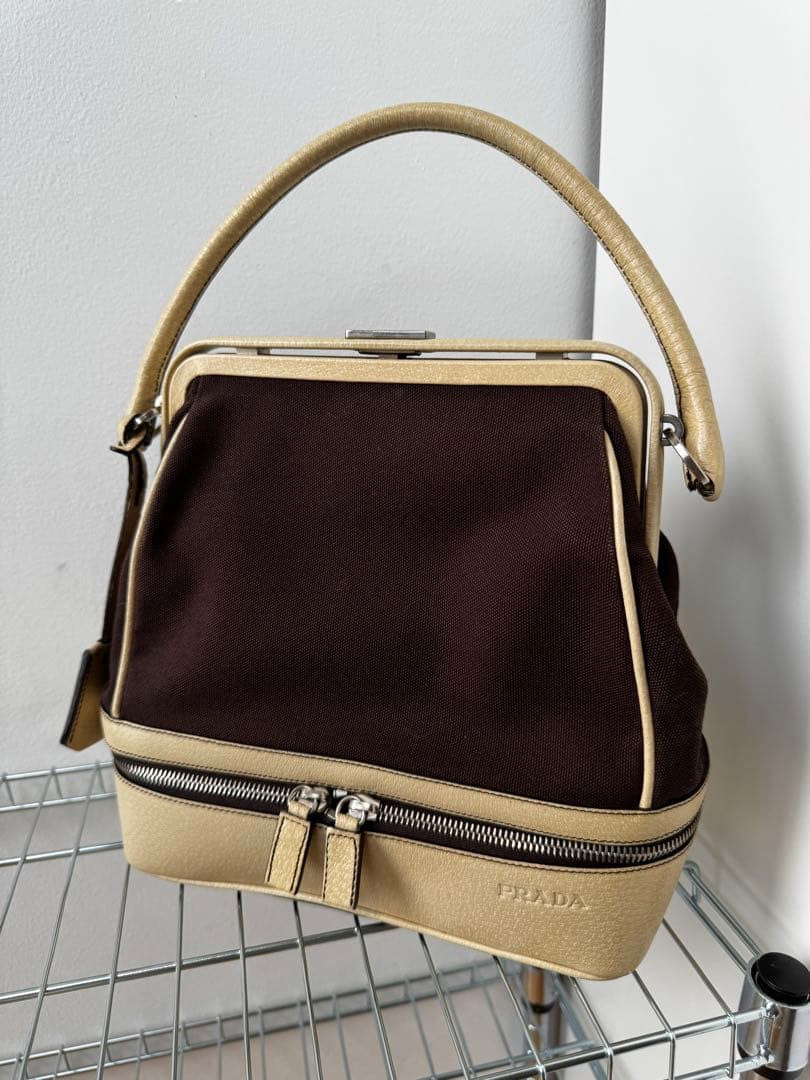 Prada Archive Vintage Y2K Bag 2000s Leather Shoulder Pu Brown Beige Silver Used