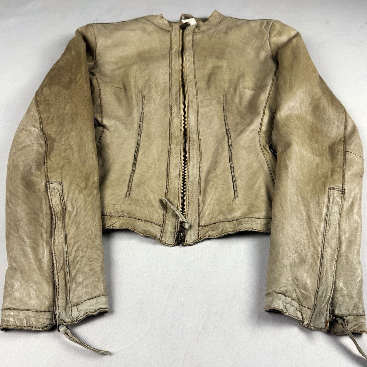 Vintage Beige Genuine Leather Cropped Moto Jacket