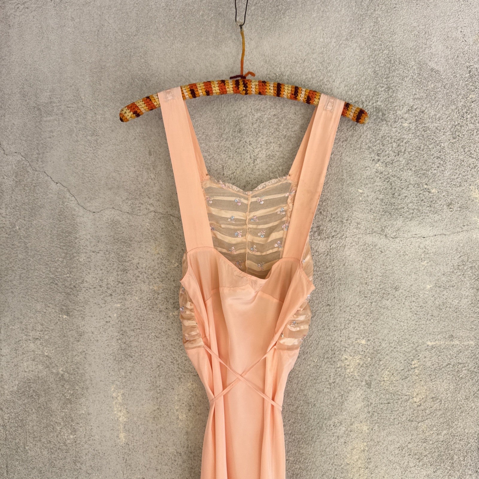 Vintage 1930s Pink Rayon Satin Slip Dress Bias Cut Embroidered Cherries Gown