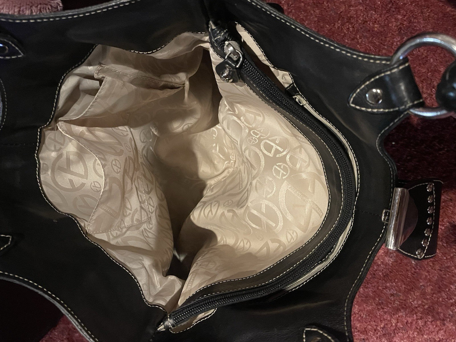 Francesco Biasia Y2K Black Leather Studded Hobo Shoulder Bag Large