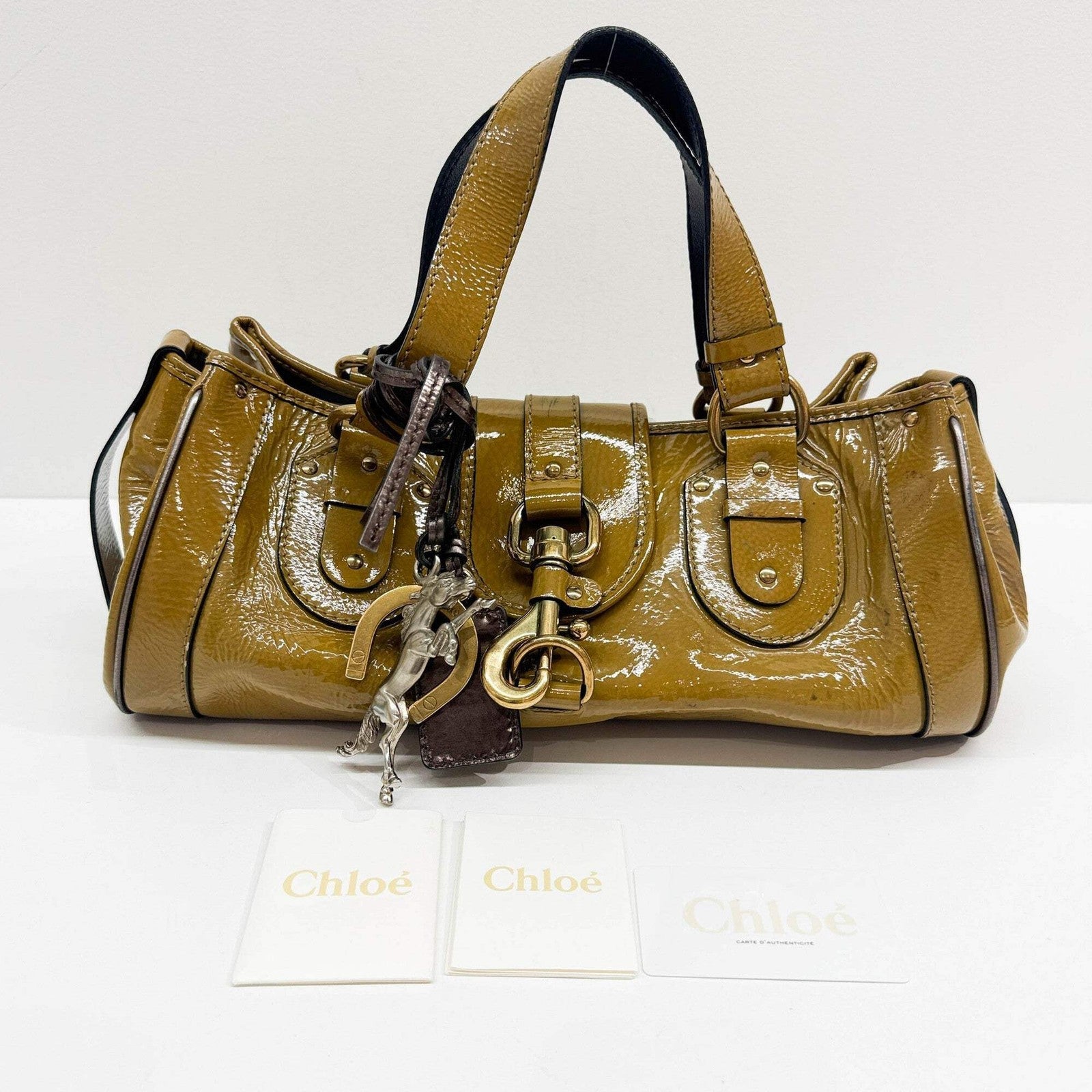 CHLOÉ Paddington Horse Charm Ocher Brown Patent Leather Shoulder Bag