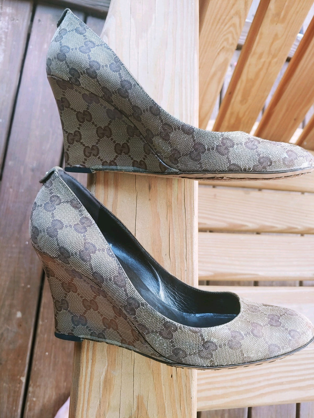 Gucci Beige and Brown GG Canvas Slip On Wedge Heels Size 10