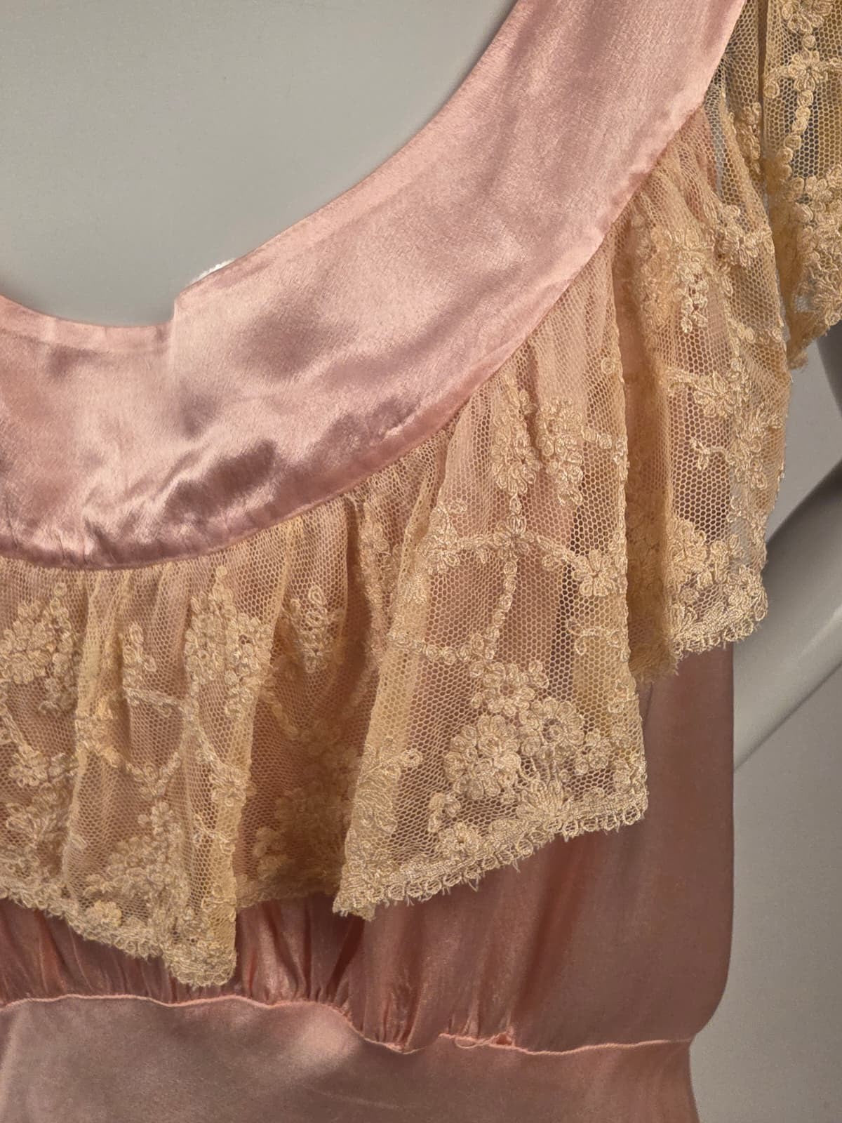 1930s Pink Satin Slip Dress with Ivory Ruffle Lace Top