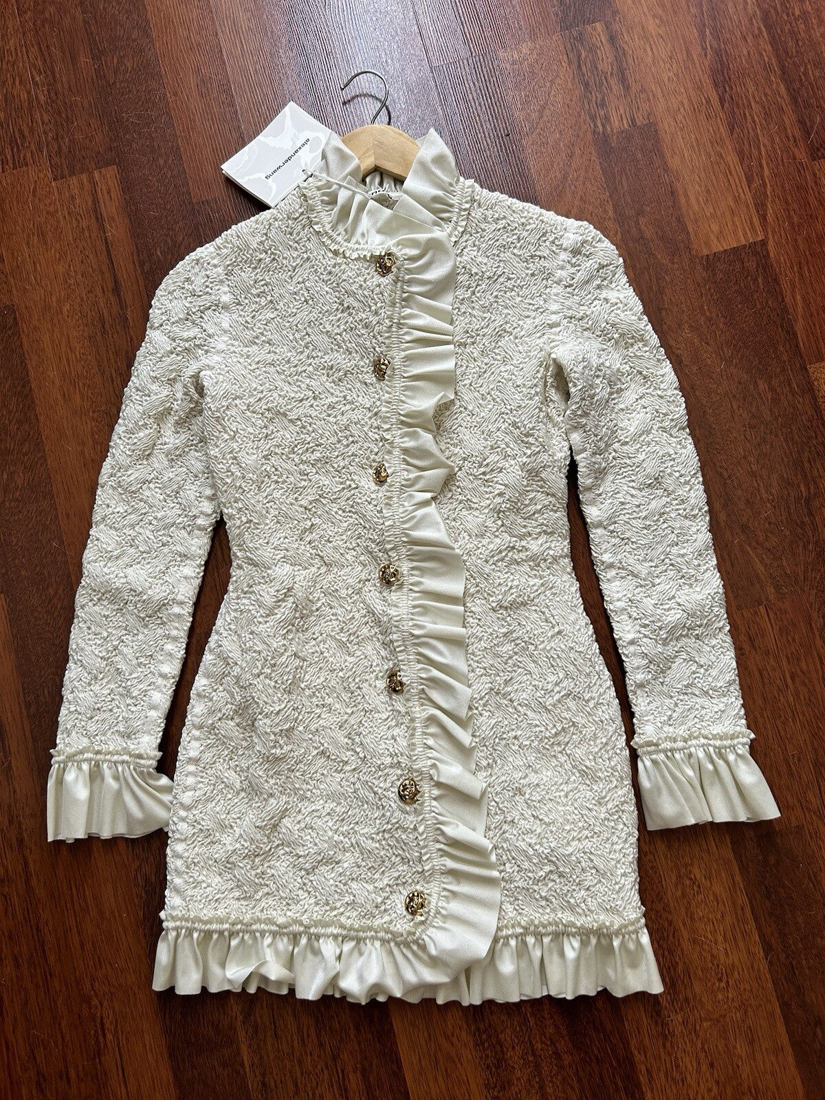 Alexander Wang Smocked Ruffle Long Jacket Dress S In Vintage White