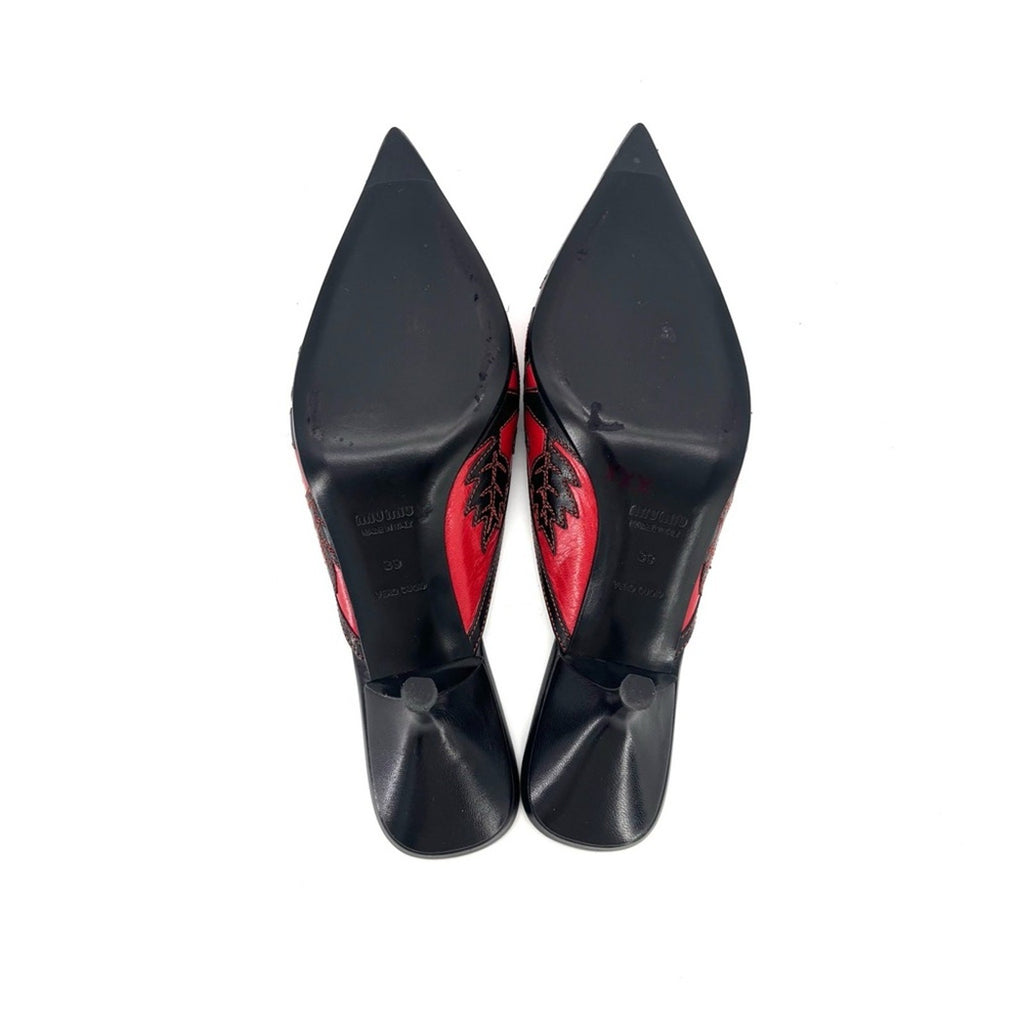 Vintage Miu Miu Embroidered Leaf Pointed Toe Slip On Kitten Heel Mules 39
