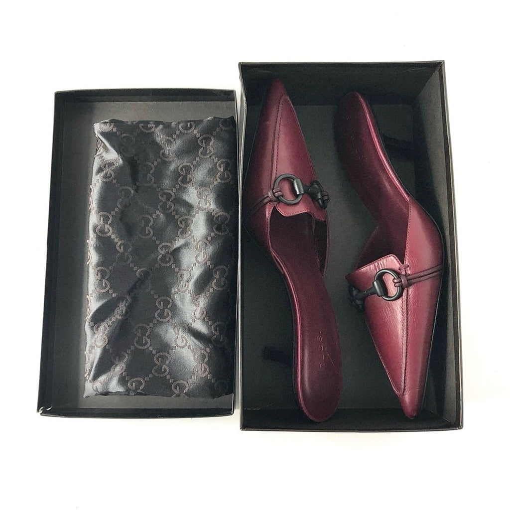 NIB Vintage Gucci Horsebit Wine Leather Pointed Toe Kitten Heel Pumps Mules 8.5