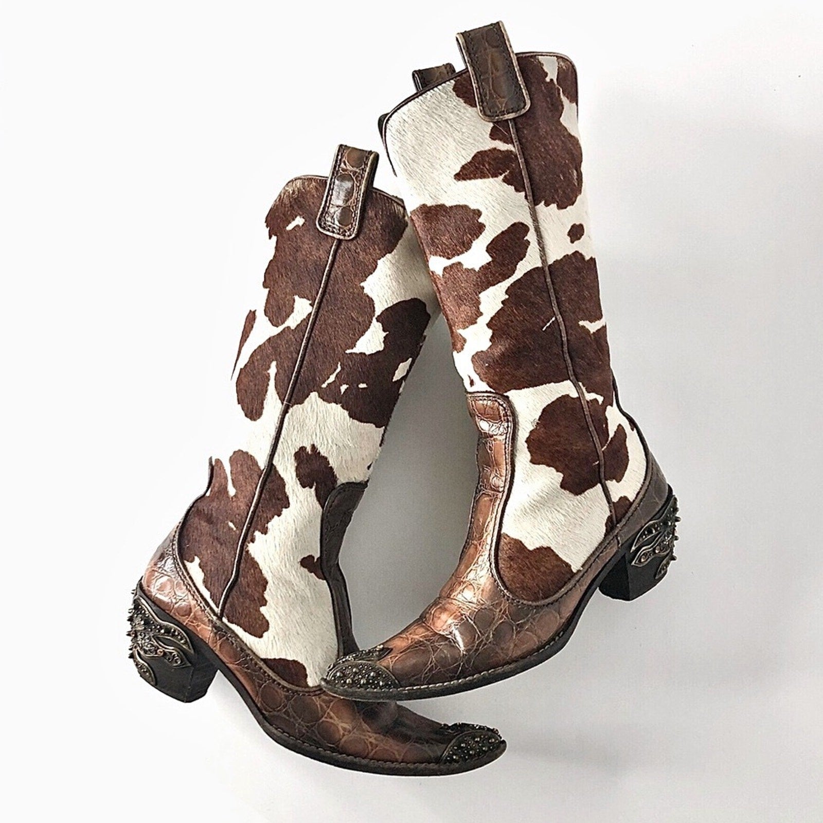 Giuseppe Zanotti Crystals Cow Print Pull On Western Cowgirl Heeled Boots 7